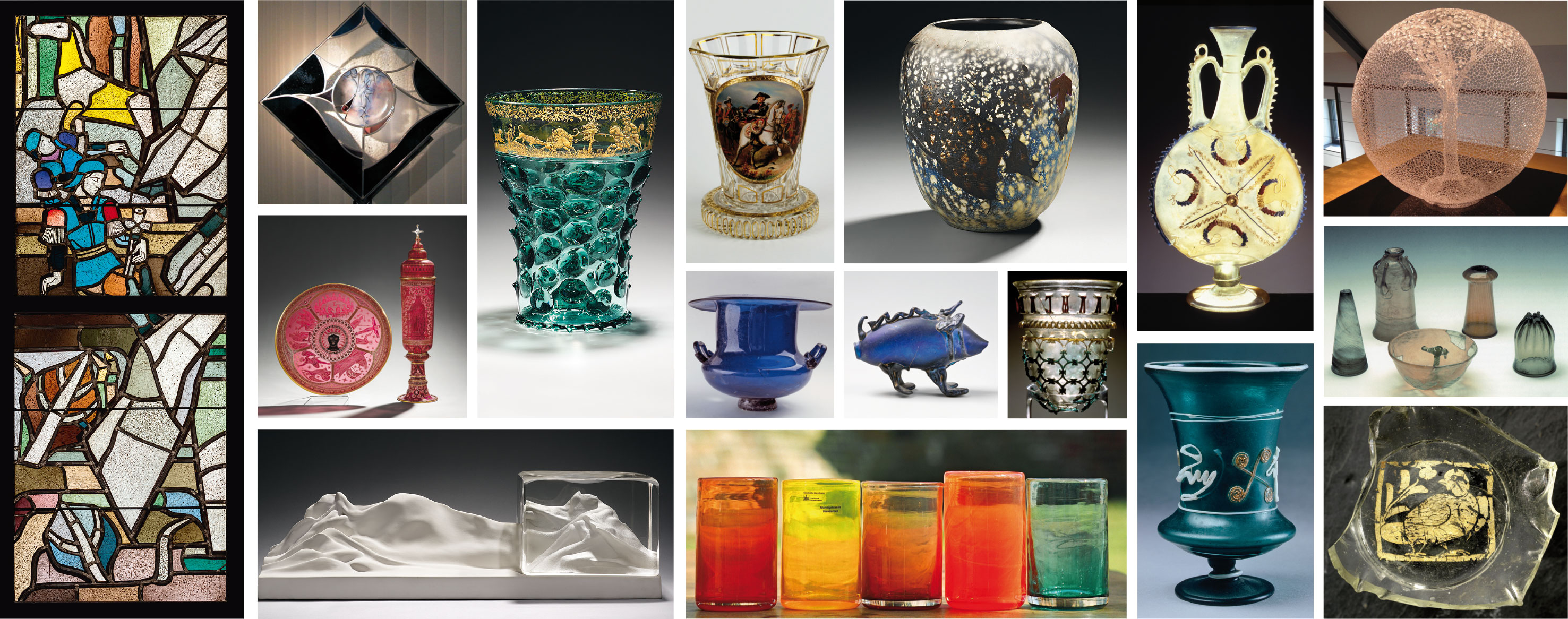Verschiedene Glasobjekte aus den Museen